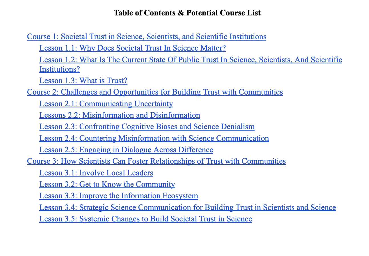 screenshot of AAAS literature review table of contents