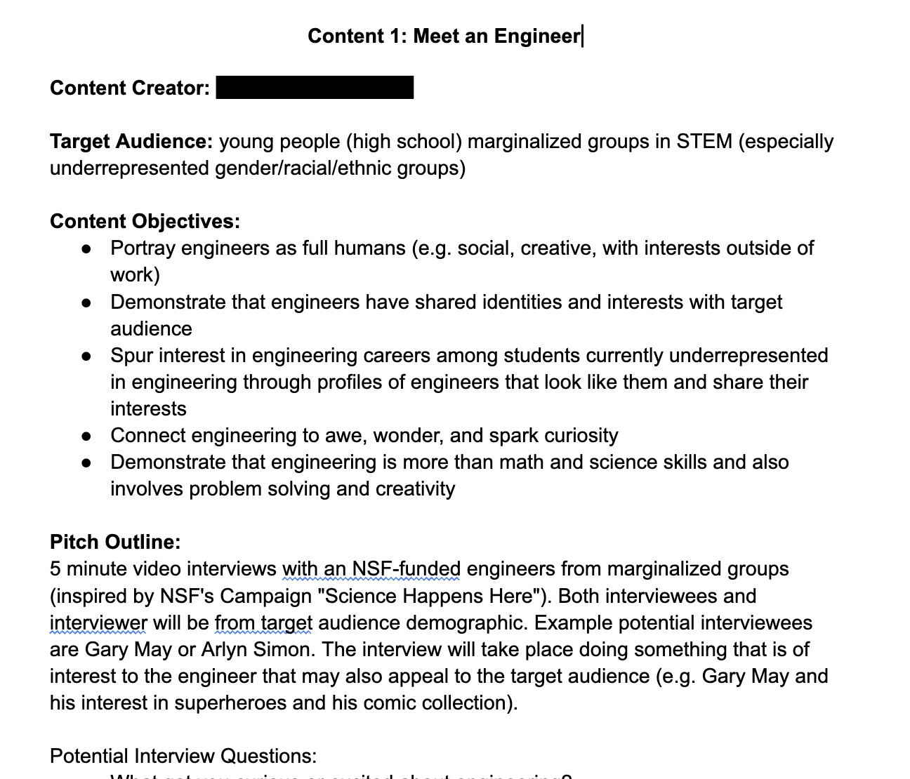 excerpt of project planning document