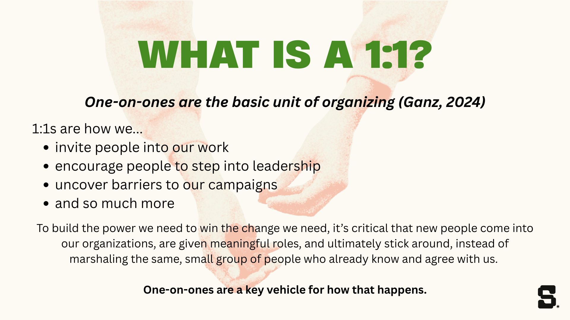 1:1 Training Slide from Science in Solidarity